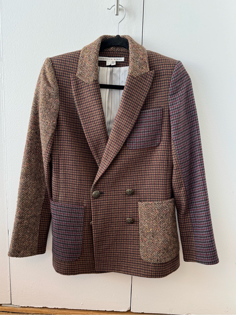 Veronica Beard Patchwork Houndstooth Blazer — Brown & Burgundy